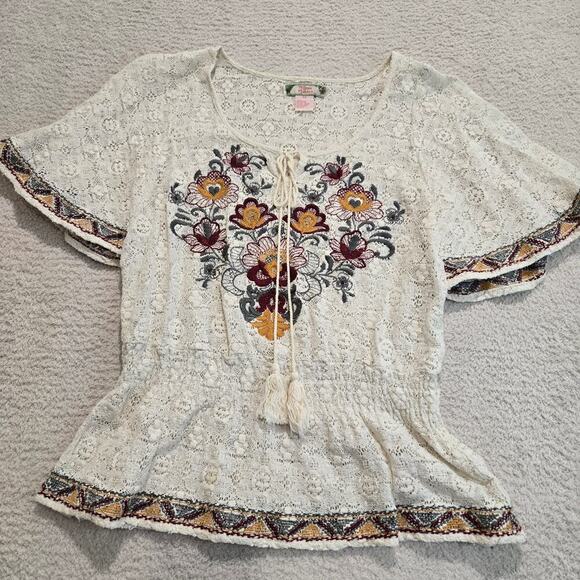 Flying Tomato Floral Embroidered Boho Peasant Top Sz M Festival Boho Hippie - Picture 1 of 9